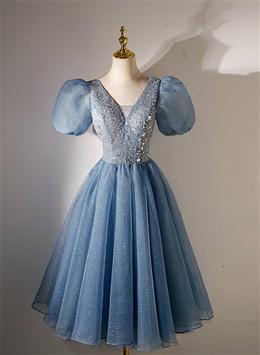 Picture of Blue Beaded Tulle Short Sleeves Formal Dress, Blue Homecoming Dresses Prom Dresses